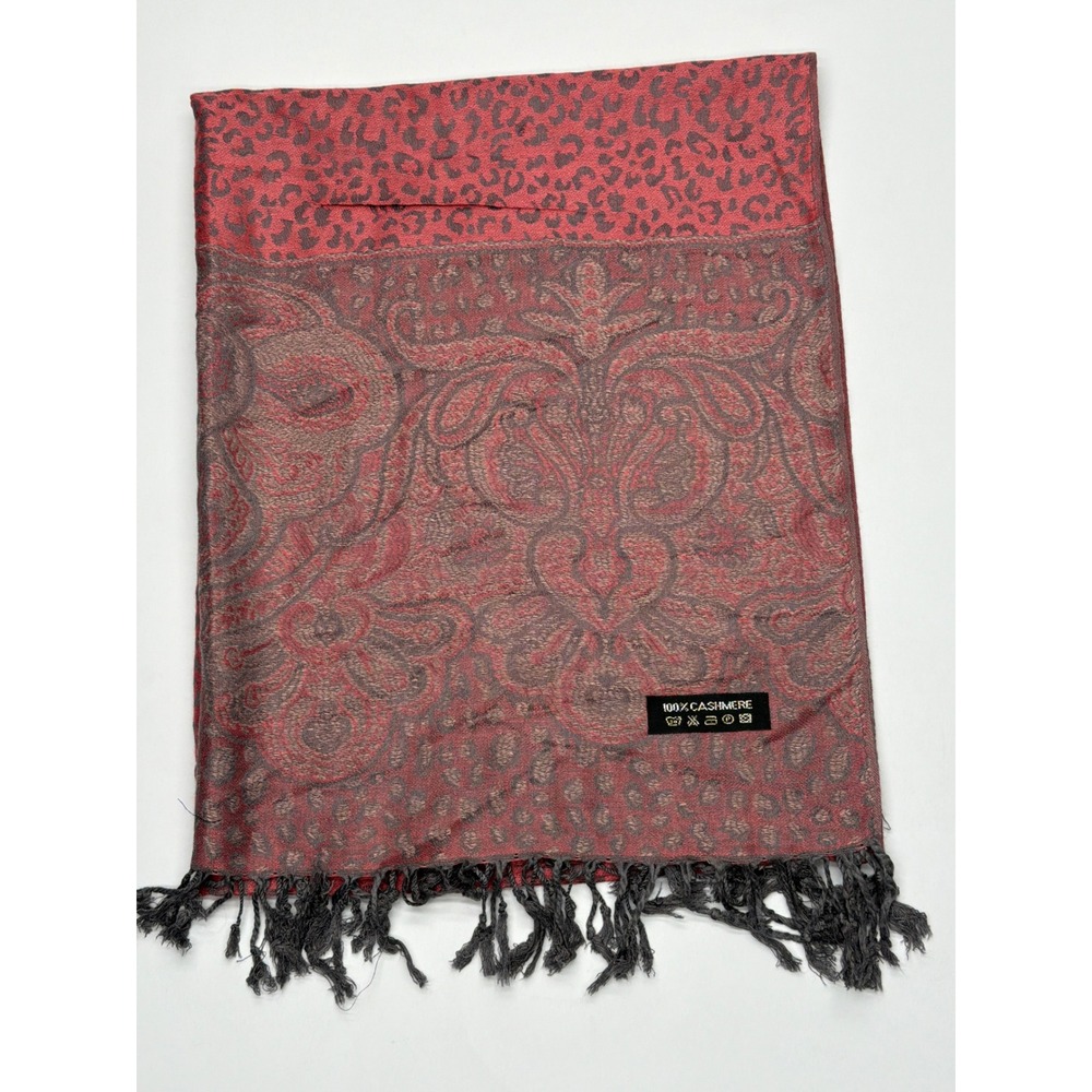 100% Cashmere Scarf Red Charcoal Grey Leopard Paisley Print Fringe Shawl Wrap